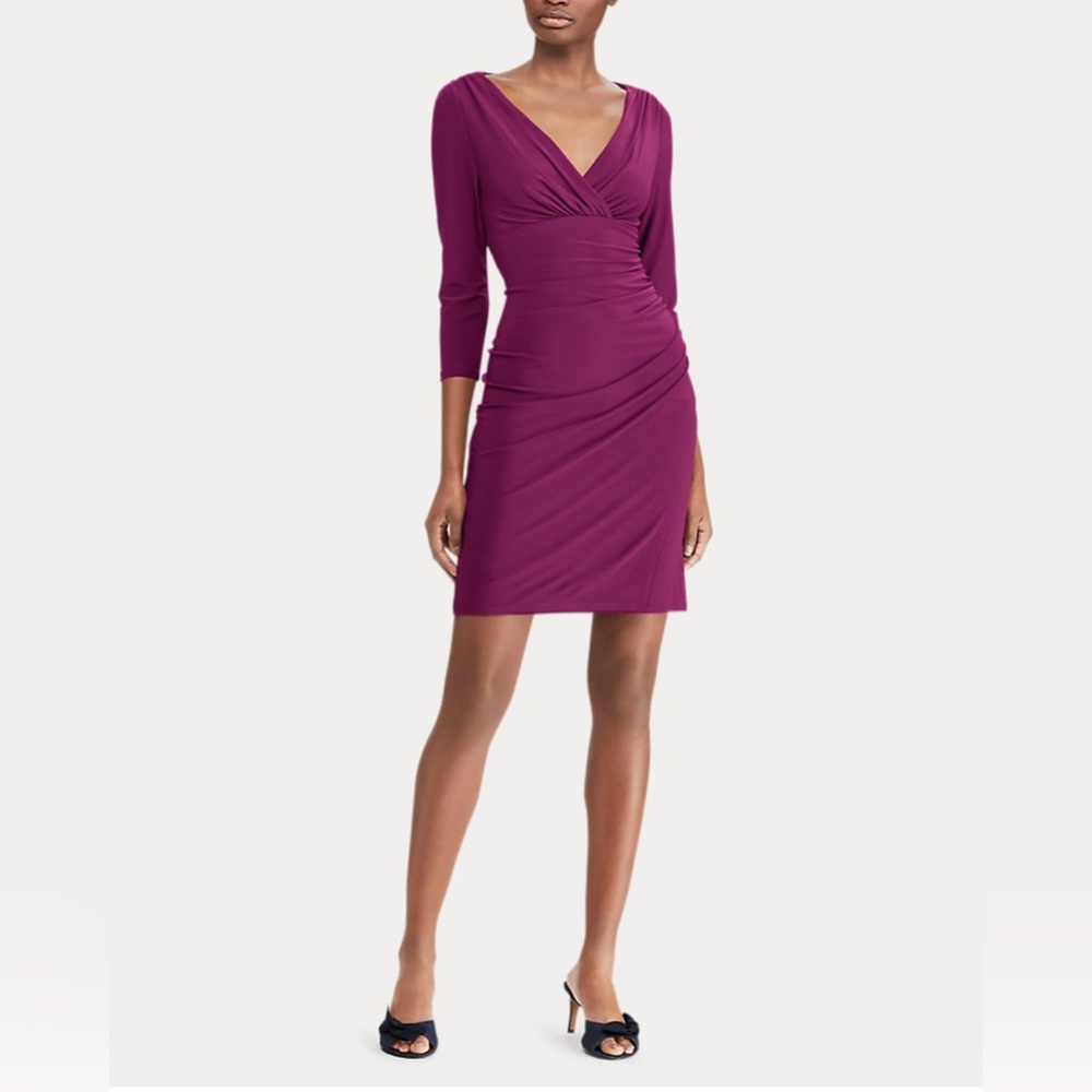 Lauren Ralph Lauren Ruched Faux Wrap Jersey Dress V Neck Fuschia Magenta Size 6